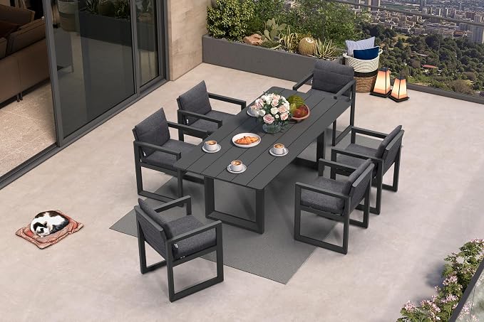 PURPLE LEAF Outdoor Dining Set for 6 Aluminum Luxury Patio Furniture Table and Chairs Set with Removable Thick Cushion Rectangular Patio Dining Sets for Small Backyard Garden Porch Deck, Grey