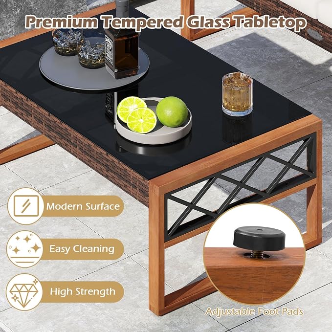Tangkula 2 Pieces Outdoor Acacia Wood Loveseat and Table Set, Heavy Duty Patio Conversation Set for Porch, Deck and Backyard