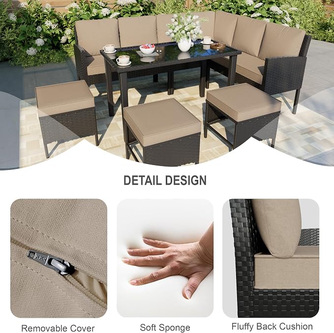 7 Pieces Outdoor Dining Set, Wicker Conversation Patio Furniture with Glass Table, L-Shaped PE Rattan Sectional Sofa Seating with Ottomans for Outside, Backyard, Balcony, Garden, Khaki Cushions