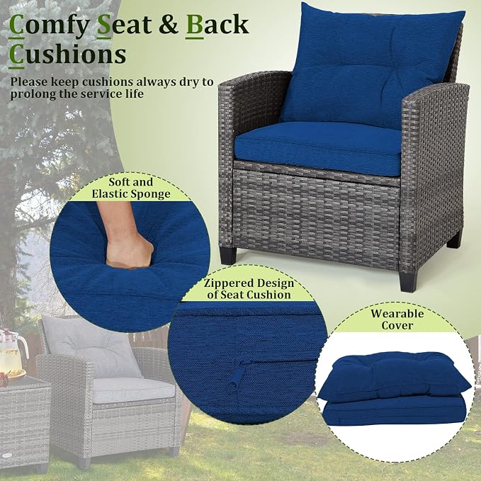 RELAX4LIFE Wicker Patio Furniture Sets - 3 Pieces Patio Rattan Sofa Set, Outdoor Conversation Set with Tempered Glass Tabletop, Heavy-Duty Steel Frame, Wicker Chair Set for Poolside, Backyard, Navy