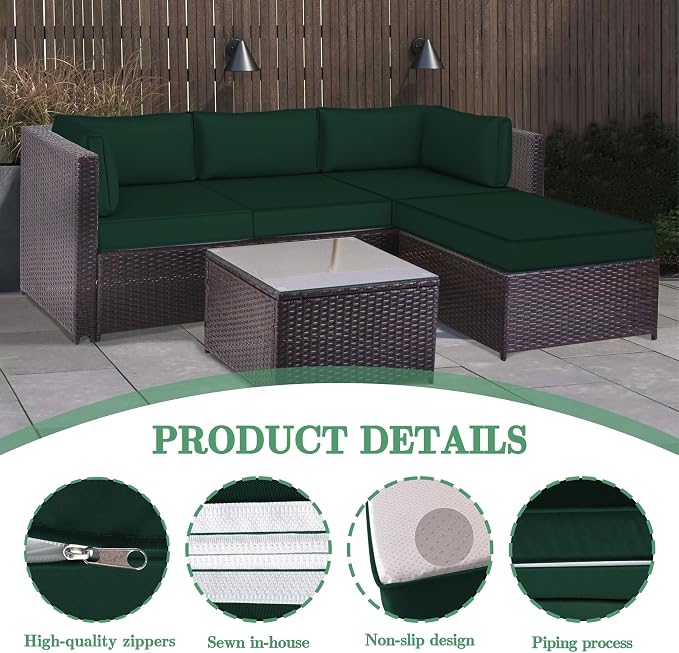 9pc Waterproof Outdoor Couch Cushions for 4 Seat Patio DarkGreen | Water-resistant, UV-resistant,9pc High-Density Foam Replacement Cushions for 4-Seat Outdoor Sectional Furniture