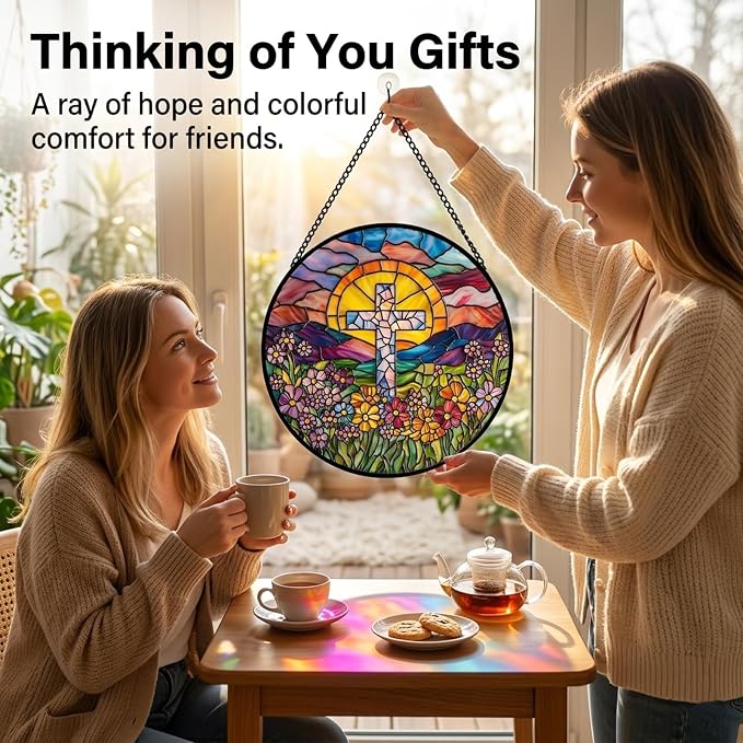 Christian Gifts for Women - Flower Cross Faux Stained Glass Window Hanging Sun Catcher for Acrylic Home Decor Mother's Day Christmas Easter Religion Gift for Mom Nana Men Grandma Wife Dad 11.8"