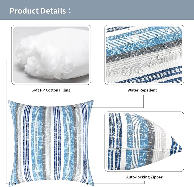 Outdoor Pillows for Patio Furniture 16x16 inch, Square Outdoor Throw Pillows with Inserts, Decorative Patio Pillows for Garden Couch Home Sofa Office Chair, Pack of 2, Stripe Layered Blue