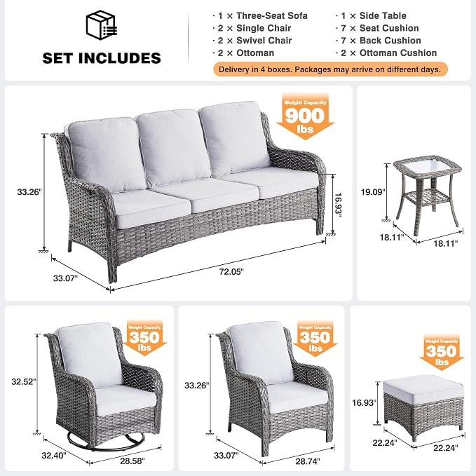 ovios 8 Pieces Patio Furniture Set with Swivel Rocking Chairs, Outdoor Wicker Sofa Couch Comfy Cushions, All Weather High Back Modern Conversation Set, Grey Rattan, Grey