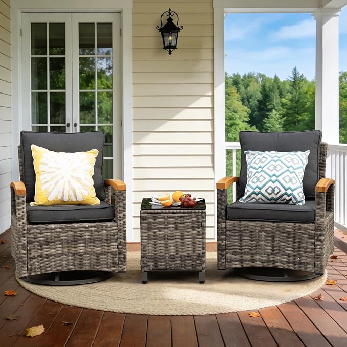 MEISSALIVVE 3 Piece Outdoor Swivel Rocking Chairs, Patio Furniture Bistro Set with 360° Wood Armrests Swivel Glide Chairs and Side Table for Deck Yard and Poolside (Grey)