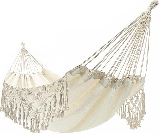 Double Boho Macrame Hammock Cotton Canvas Portable Replacement Hammock 440lbs Load Capacity White