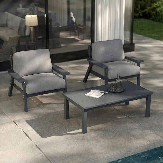 Patio Furniture Set with Washable Thick Gray Cushions, HDPE Outdoor Couch, All-Weather Outdoor Sectional Furniture, Patio Conversation Sets for Lawn, Garden, Porch (Grey Frame)