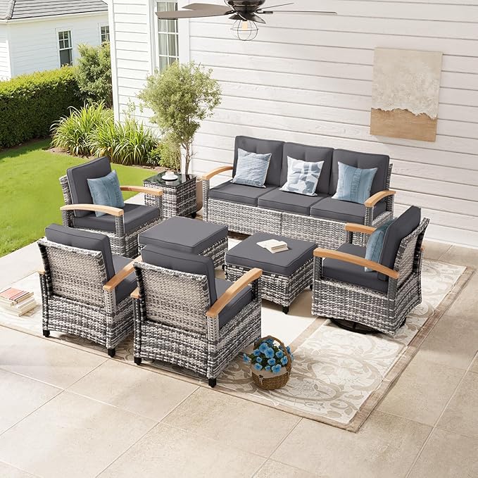 MEISSALIVVE 8 Pieces Outdoor Patio Furniture Sets, Wicker Patio Conversation Sets with 2 Wood Armrests Swivel Glide Chairs,2 Single Chairs, 3-seat Sofa (Grey)