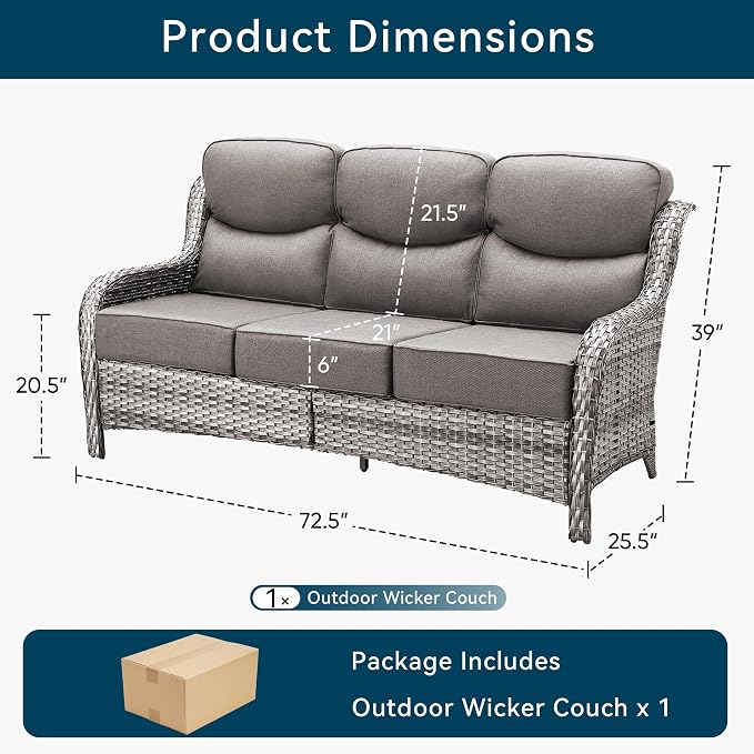 Luxury Outdoor Patio Furniture Set-Wicker High Backrest 3-Seat Patio Sofa with Comfy 6" Cushion, Rattan Couch with Deep Seat All-Weather Patio Conversation Set for Deck Backyard Garden(Grey/Grey)