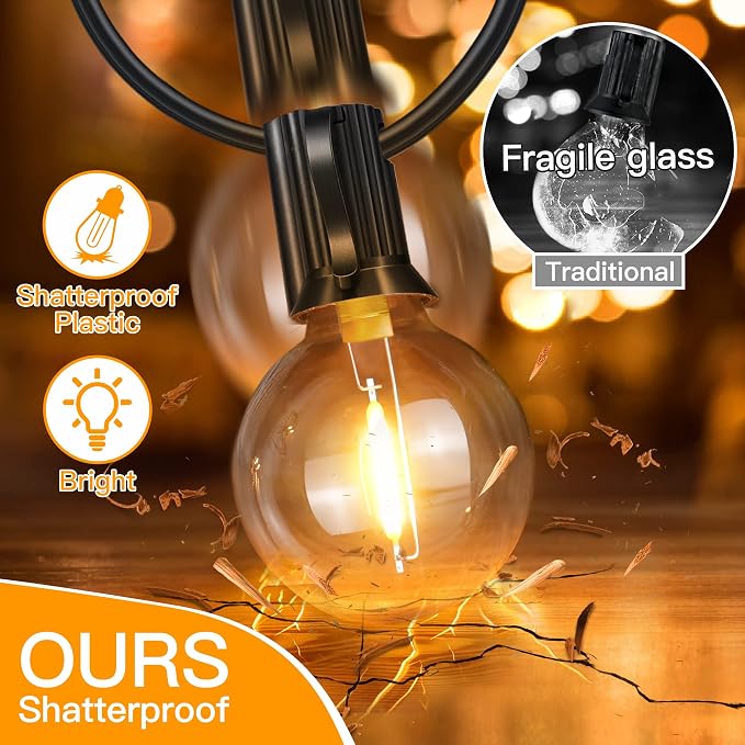 Ollny 150FT Outdoor String Lights, Waterproof Connectable Shatterproof Outside Light with 75 Edison + 4 Spare LED Bulbs Plug in, Patio Lights for Indoor Balcony Porch Camping Deck
