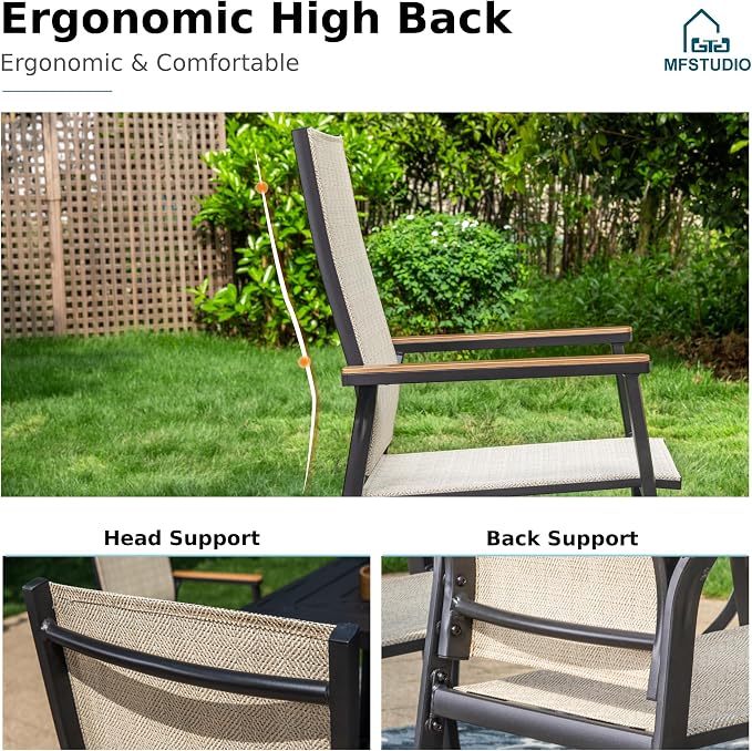 MFSTUDIO 7 PCS Patio Dining Set with 6 Stacking Aluminum Armchair(Beige) and 1 Rectangular Heavy Duty Table