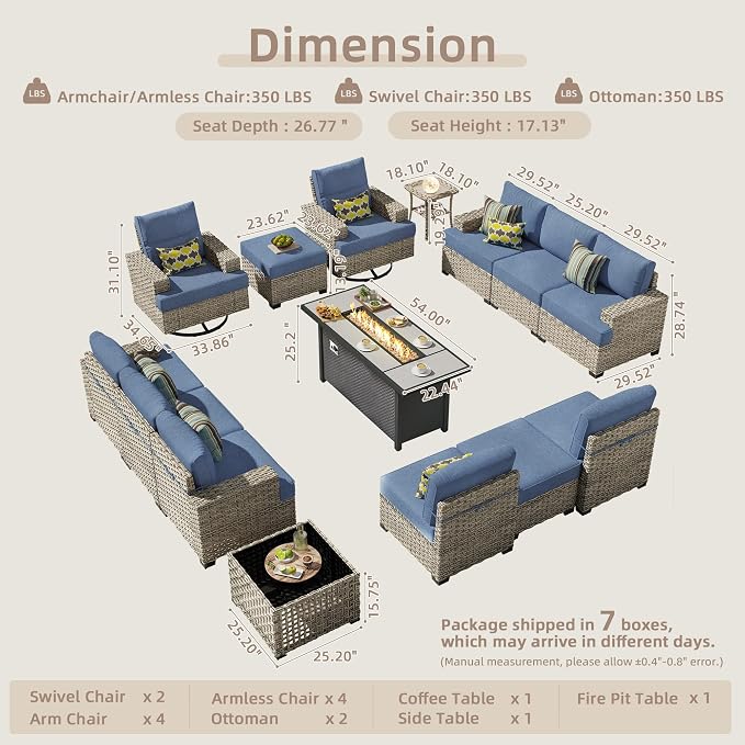 CAODOC 15-Piece Outdoor Sectional Sofa Set w/ 54" Fire Pit – L-Shaped Wicker Patio Furniture, Deep Seating & Swivel Rockers, Light Blue
