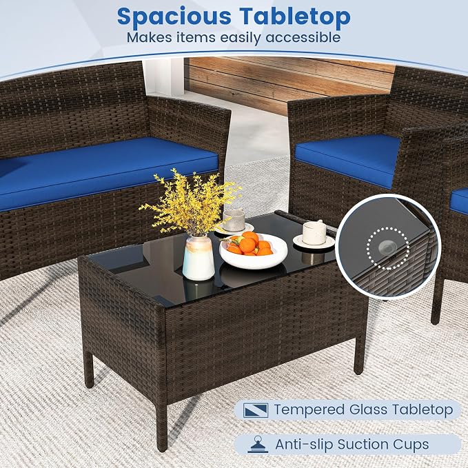 ORALNER 4 Pieces Patio Furniture Set, Rattan Chairs Loveseat with Soft Cushion and Glass Table, Outdoor Wicker Conversation Set for Balcony Garden Backyard Porch Poolside (Navy)