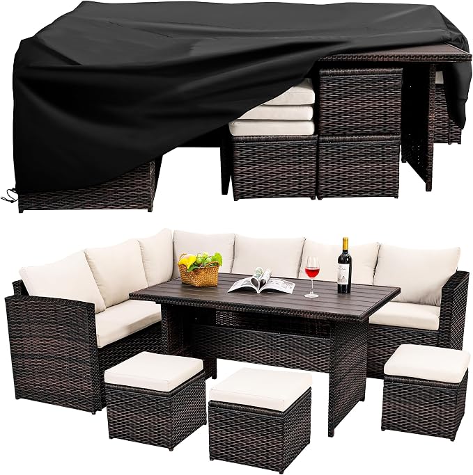 Wumiokio Patio Furniture Set, 7 Pieces Outdoor Patio Furniture with Dining Table&Chair, All Weather Wicker Conversation Set with Ottoman,Brown Rattan & Ivory Cushions (Include Sofa Dust Cover)