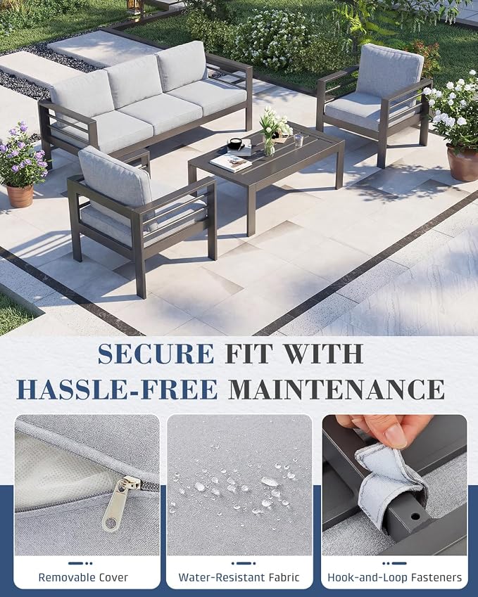AECOJOY Aluminum Patio Furniture Set, 5 Seats Modern Outdoor Furniture with Coffee Table, 4 Pieces Metal Conversation Sectional Sofa, Light Gray