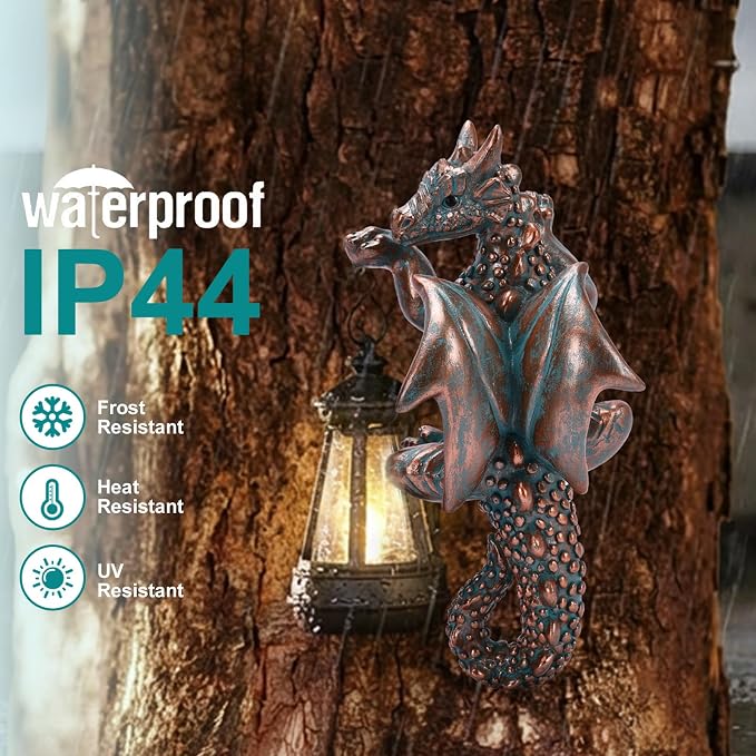 Goodeco Dragon Tree Hugger Garden Statue with Solar Lantern - 2 Pack 9.3 Inch Resin Dragon Decor for Outdoor, Perfect Dragon Gifts & Yard Decor（Bronze, 2-Pack）