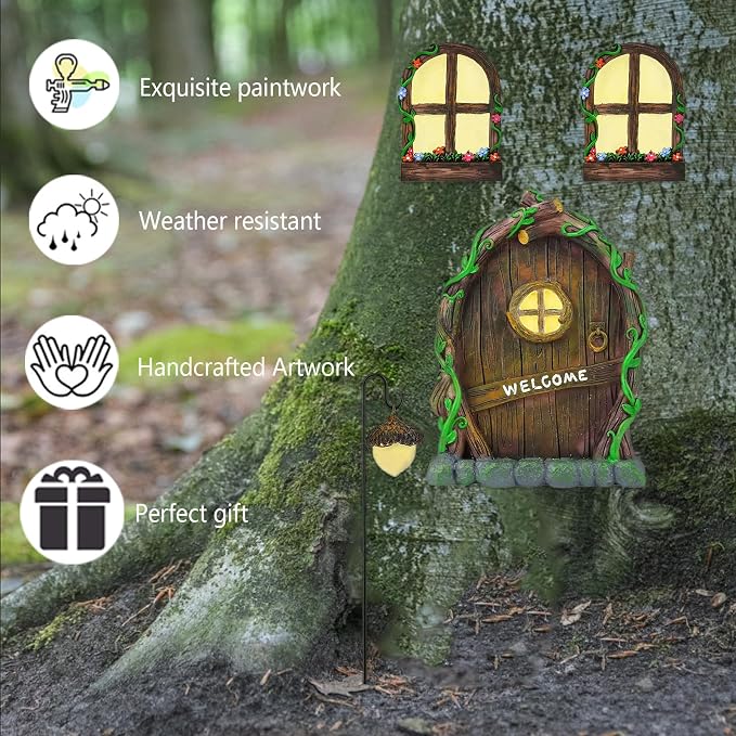 Fairy Door and Windows for Trees Outdoor, Glow in The Dark Fairy Doors Miniature Fairy Garden Accessories, Yard Art Sculpture Decoration Fairy Garden Decor with Lantern for Outside, Patio