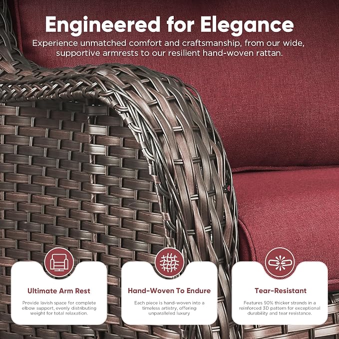 Belord Outdoor Swivel Chairs Set of 2,Patio Wicker Rocker Chairs with Ottomans, All Weather Patio Conversation Furniture Set, Ideal for Porch Balcony Deck Yard, Brown Wicker/Red