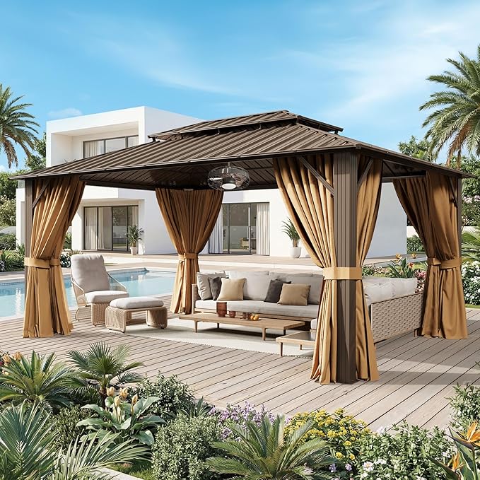 12x16FT Hardtop Gazebo with 20IN Ceiling Fan, Metal Frame with Double Galvanized Steel Roof, Permanent Outdoor Pergola for Backyard, Patio, Lawn and Garden, Brown