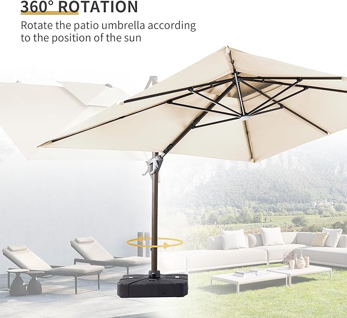 JZAC & QZYD 9x12 FT Outdoor Cantilever Patio Umbrella with Base Included and LED Lights, Large Heavy Duty 2-Tier Aluminum Offset Umbrellas with 360-Degree Rotation for Pool Deck, Beige