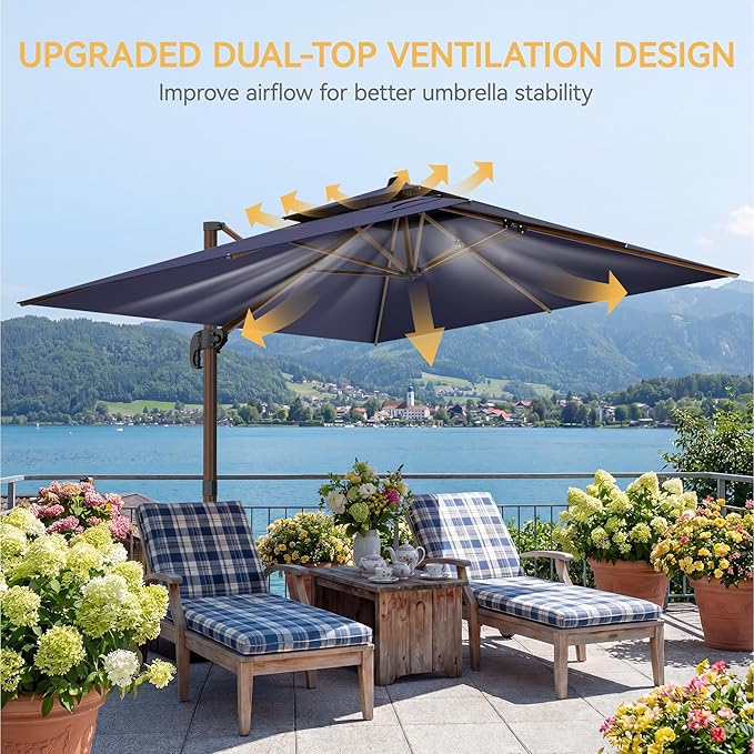10x13 FT Wood Pattern Patio Umbrella with Base, Large Deluxe Cantilever Rectangular Double Top Heavy Duty Offset Umbrellas with 360° Rotation, Outdoor shade for Garden Pool Patio, Navy