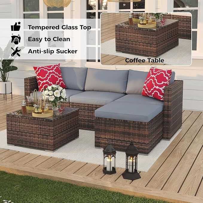 5-Piece Outdoor PE Wicker Patio Furniture Set, Water-Resistant Sectional Sofa With Plush Cushions, Tempered Glass Coffee Table & Ottoman, All-Weather Garden Conversation Set for Porch, Backyard, Grey