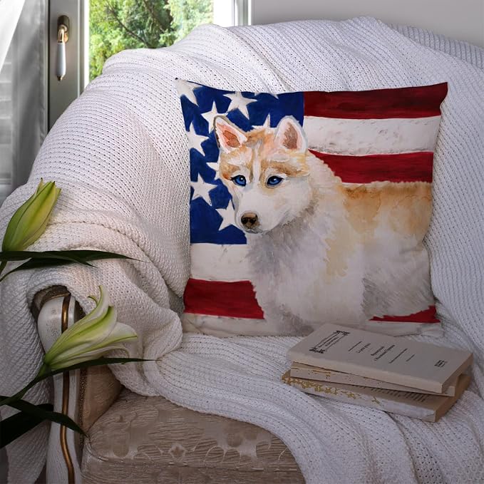 Caroline's Treasures BB9655PW1414 Siberian Husky Patriotic Fabric Decorative Pillow Machine Washable, Indoor Outdoor Decorative Pillow for Couch, Bed or Patio, 14Hx14W