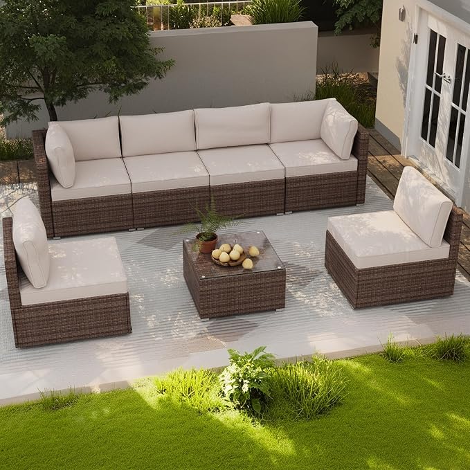 7-Piece Outdoor Patio Furniture Set, Outdoor Couch - Handwoven All-Weather Rattan & 4” Thick Waterproof Cushions, Wicker Outdoor Conversation Sets with Coffee Table for Backyard, 2026, Brown/Beige