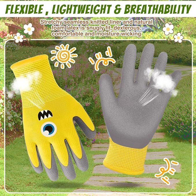 3 Pairs Kids Work Gardening Gloves (Colorful (Age 6-8)) | Children Yard Work Gloves Breathable Rubber Coated Garden Gloves for Toddlers Girls Boys