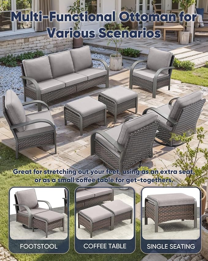 HUMMUH Outdoor Patio Furniture Sets-Wicker Patio Furniture Couch and Swivel Rocker Chairs Conversation Set for Deck Porch Garden Poolside Backyard-Brown/Grey