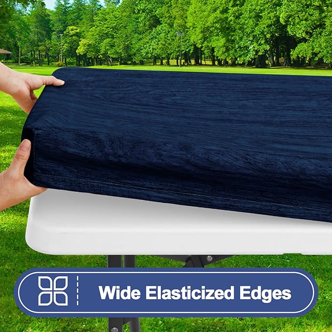 Smiry Picnic Table Cover with Bench Covers, Waterproof Elastic Fitted Tablecloth for 8 Foot Tables, Washable Polyester Tablecloths for Camping, Indoor & Outdoor (Navy & Black, 30x96 Inch 3-pc Set)