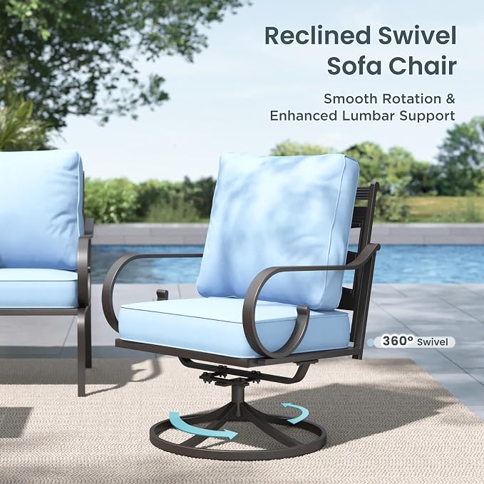 PHI VILLA Patio Furniture Set, 3-Seater Sofa, 2 Fixed Chairs, 2 Swivel Chairs and a Coffee Table, Outdoor Metal Conversation Set with 5.75" Extra Thick Cushion for Garden Backyard Deck, Blue