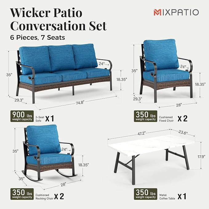 MIXPATIO Patio Furniture Set with Coffee Table, Outdoor Conversation Set with 2 x Fixed Chairs, 2 x Rocking Chairs, 1 x 3-Seat Sofa for Lawn Garden Backyard, Pacific Blue