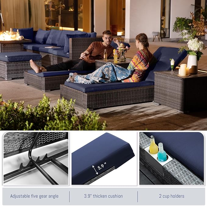 BULEXYARD 11 Piece Large High Back Grey Rattan Patio Furniture Sets with Firepit Table and Loungers, Comfortable Deep Wide Seat Outdoor Sectional Conversation Sofa, Gray Wicker and Navy Blue Cushion