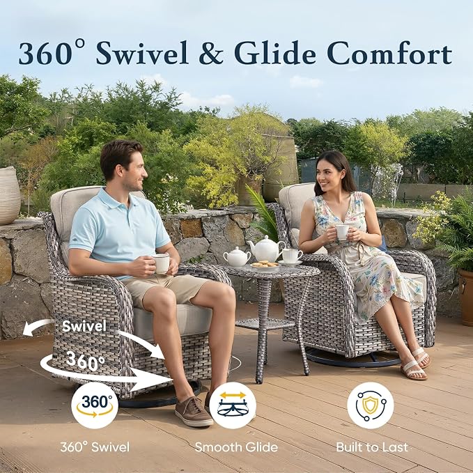 Belord Luxury 6" Thick Cushioned 11 Pieces Patio Furniture Set with Fire Pit Table, Wicker Outdoor Conversation Set with High Back Swivel Rocker Chairs for Deck Porch Yard and Poolside - Grey+Beige