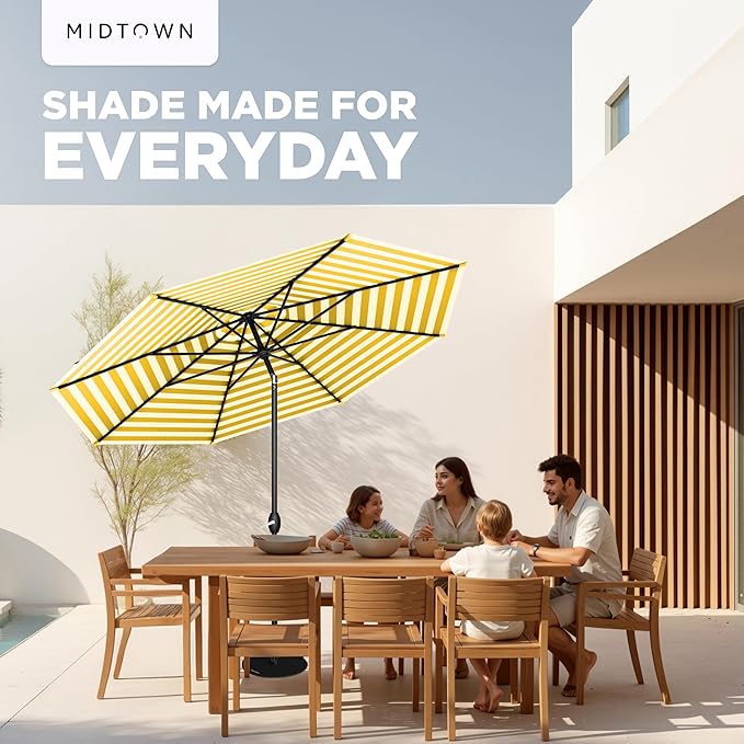 Midtown Umbrellas 10-Year-No-Fade - 9 Ft - UV Proof Yellow/white Stripes Fabric - Umbrella Outdoor Patio, Auto-Tilt Aluminum Frame Patio Umbrella for Garden, Pool & Deck - Black Pole