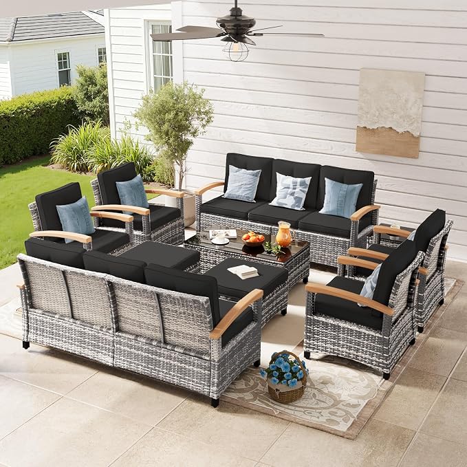 MEISSALIVVE 10 Pieces Outdoor Patio Furniture Sets, Wicker Patio Conversation Sets with 2 Wood Armrests Swivel Glide Chairs,2 Single Chairs, Outdoor Couch and Coffee Table(Black)