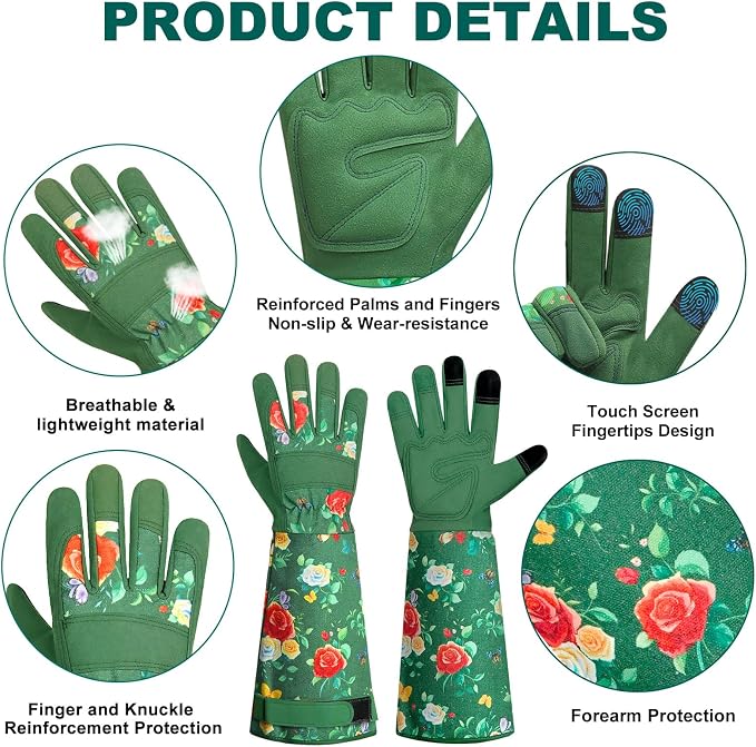 DLY Garden Gloves for Women,Gardening Gloves,Garden Gift for Lady,Blue,XL | Lightweight Microfiber Leather, Breathable Long Cuff, 3-Finger Touchscreen, Green Rose Print, Pruning, Weeding & Yard Work