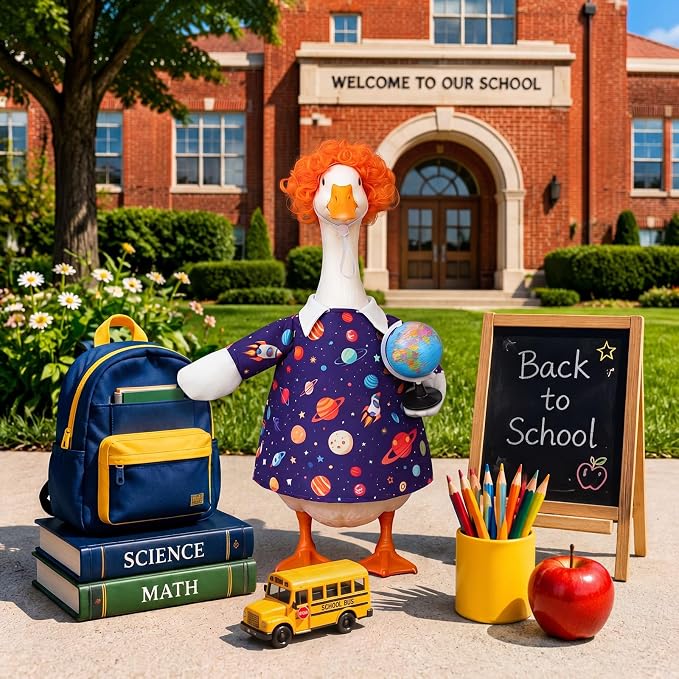 Outus Back to School Porch Goose Outfits Includes Galaxy Print Dress Orange Wig and Globe Prop First Day of School Classroom Goose Clothing for Outdoor Garden Yard Patio Lawn 23" Statue