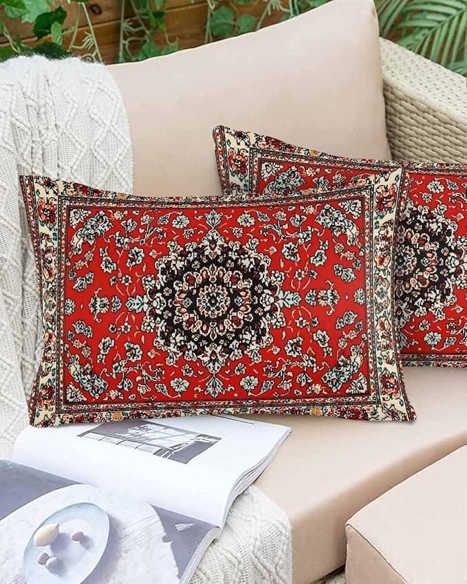 Vandarllin Outdoor Throw Pillows Covers 20x12 inch Set of 2 Waterproof Red Bohemian Decorative Zippered Cushion Covers for Patio Furniture, Boho Tribe Texture Lumbar Pillowcases