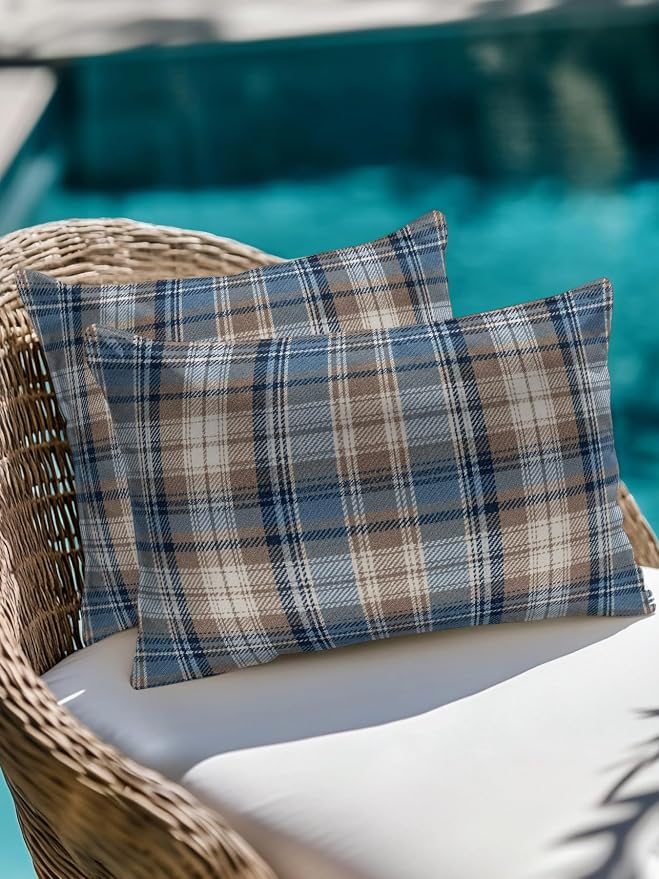 Waterproof Outdoor Pillow Set of 2 Beige Checked Plaid Decorative Throw Pillows Cover & Insert 20x12 Inch Lumbar Pillowcase Stripes Woven Grid Pillows for Couch Sofa Bed Patio Furniture Indoor Outdoor