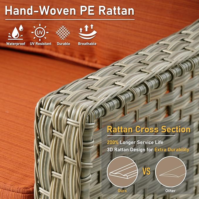 HOOOWOOO 6 Piece Patio Furniture Conversation Sets with Sola Light Table,Outdoor Wicker Furniture with Ottoman, All Weather Resistant Outside High Back Rattan Patio Set(Orange Red)