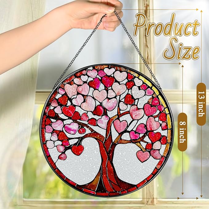 8'' Love Heart Tree Sun Catcher - Stained Glass Window Hanging, Suncatcher for Window Doors Home Decor | Christmas, Birthday, Mother's Day, Valentine's Day Gifts for Her, Girlfriend, Wife, Mom, Friend