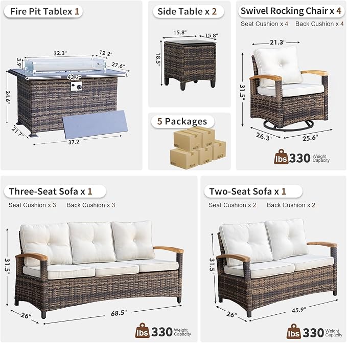 MEISSALIVVE 9 Pieces Patio Furniture Sets with Fire Pit Table, Wicker Outdoor Conversation Sets with 2 Swivel Rocker Chairs, 3-seat Sofa and Side Table(Beige)
