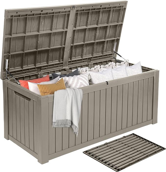 DWVO 180 Gallon XL Deck Box with Divider & Lockable Lid, Waterproof Resin Outdoor Storage for Patio, Garden, Poolside, Cushions, Supplies & Sports Gear, Light Brown