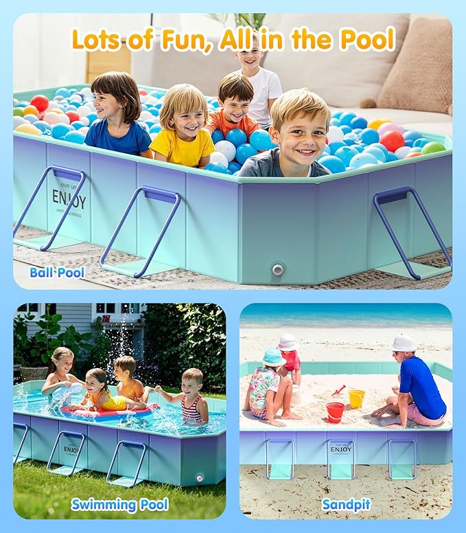 MoKo Foldable Pool for Adults & Kids, Framed Non-Inflatable Swimming Pools for Toddler, Collapsible Pool for Family Outdoor, Backyard, Garden, Camping,114" x 70" x 19", Glacial Blue