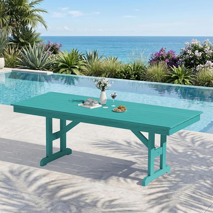 KINGYES Outdoor Dining Table,84 inch HDPE Rectangular Patio Table with Umbrella Hole，Waterproof Patio Furniture for Backyard,Aruba
