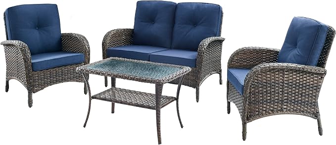 HUMMUH 4-Piece Patio Furniture Wicker Outdoor Conversation Set,All-Weather Rattan Outdoor Sofa Set Patio Chairs Coffee Table for Backyard,Porch,Deck