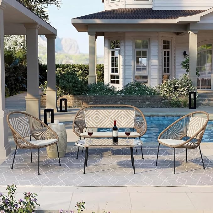 4-Piece Outdoor Patio Furniture Set, Wicker Sofa and Chairs with Cushions, PE Rattan All-Weather Conversation Set with Coffee Table for Backyard, Patio, Poolside, Garden, Deck, White