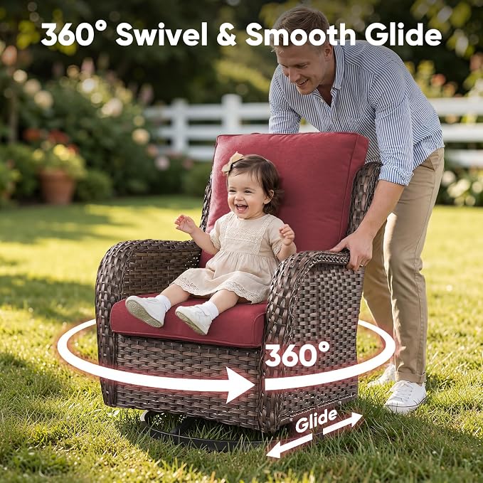 Belord Patio Wicker Chairs Swivel Rocker,Outdoor Patio Furniture Set with Rattan Side Table, All Weather Conversation Set for Porch Poolside Balcony, Brown Wicker/Red